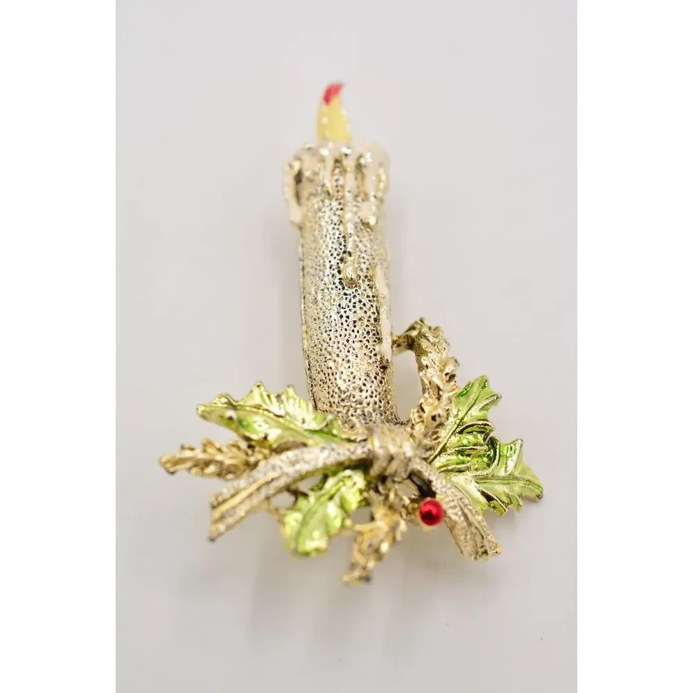 Gerry's Vintage Christmas Candle Pin Brooch Silver Red Green Enamel Signed 9B